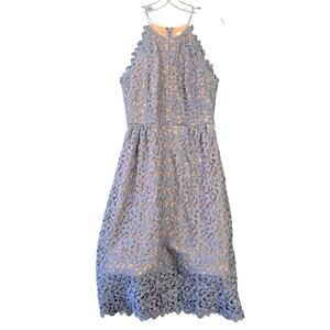 Hitherto Dusty Blue Dress Crochet Lace Midi Full Tulle Lined Sleeveless Womens 8
